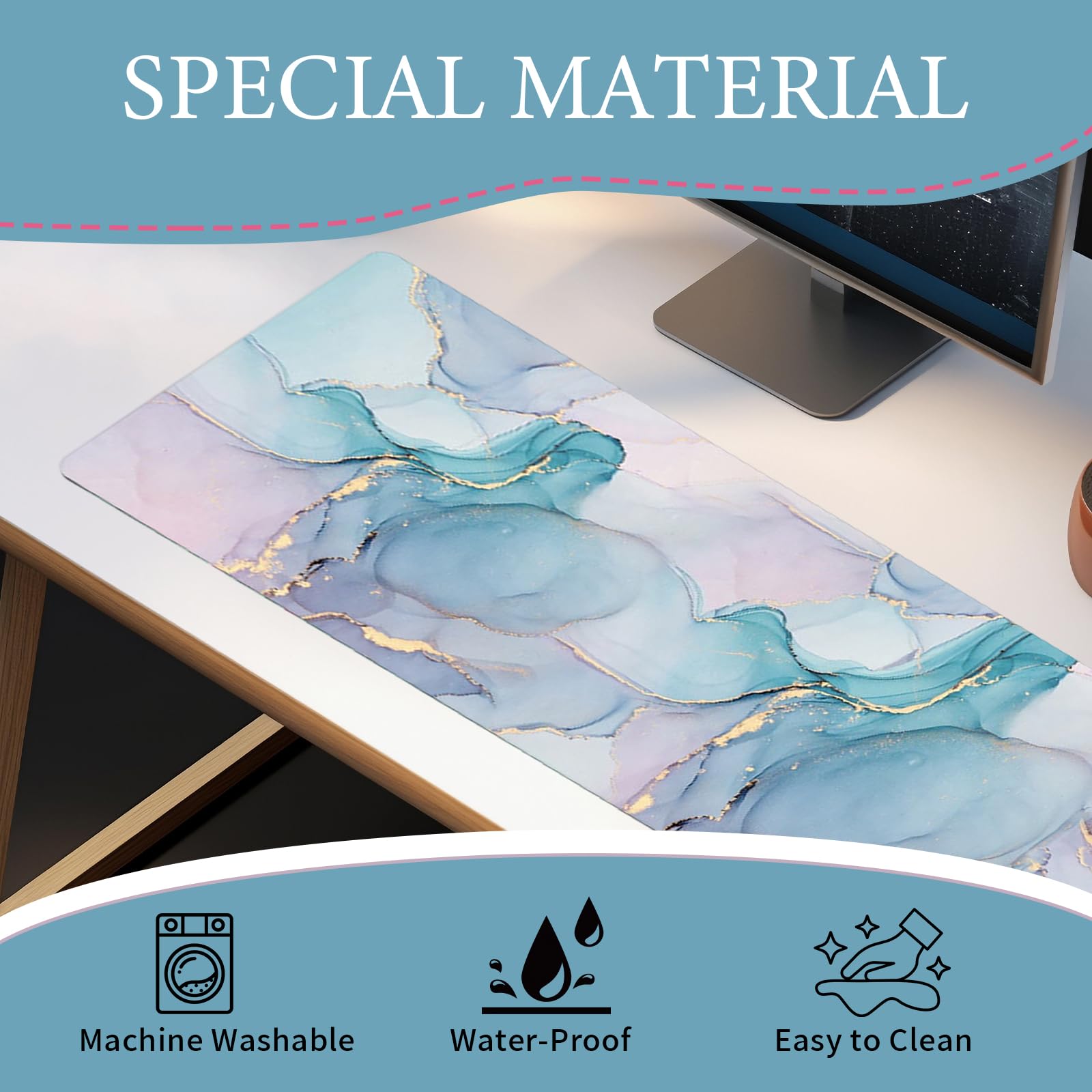 Tapis de Souris Marbre 80x30cm Antidérapant sous-Main Bureau Protection Rose
