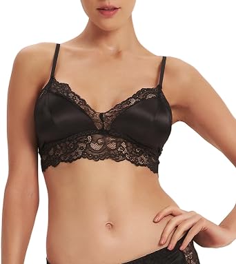 Womens Satin Lace Bralette Wireless Bra, Removable Pads
