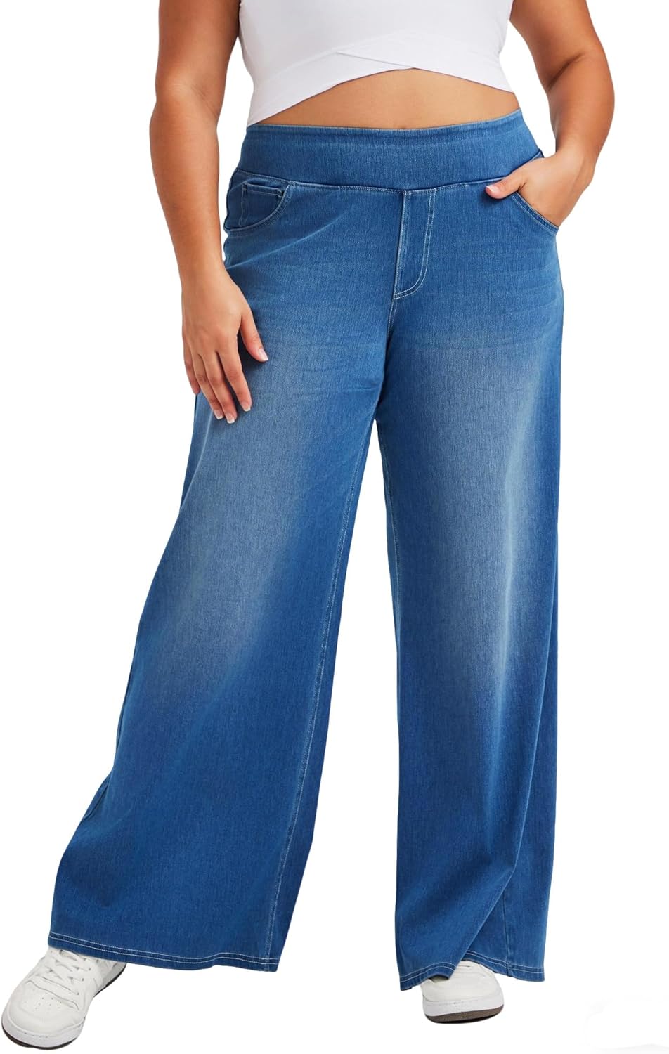 Large Wide Leg Jeans for Women,High Waisted and Slimming with Multiple Pockets,High Elasticity Casual Denim Pants - Image 4