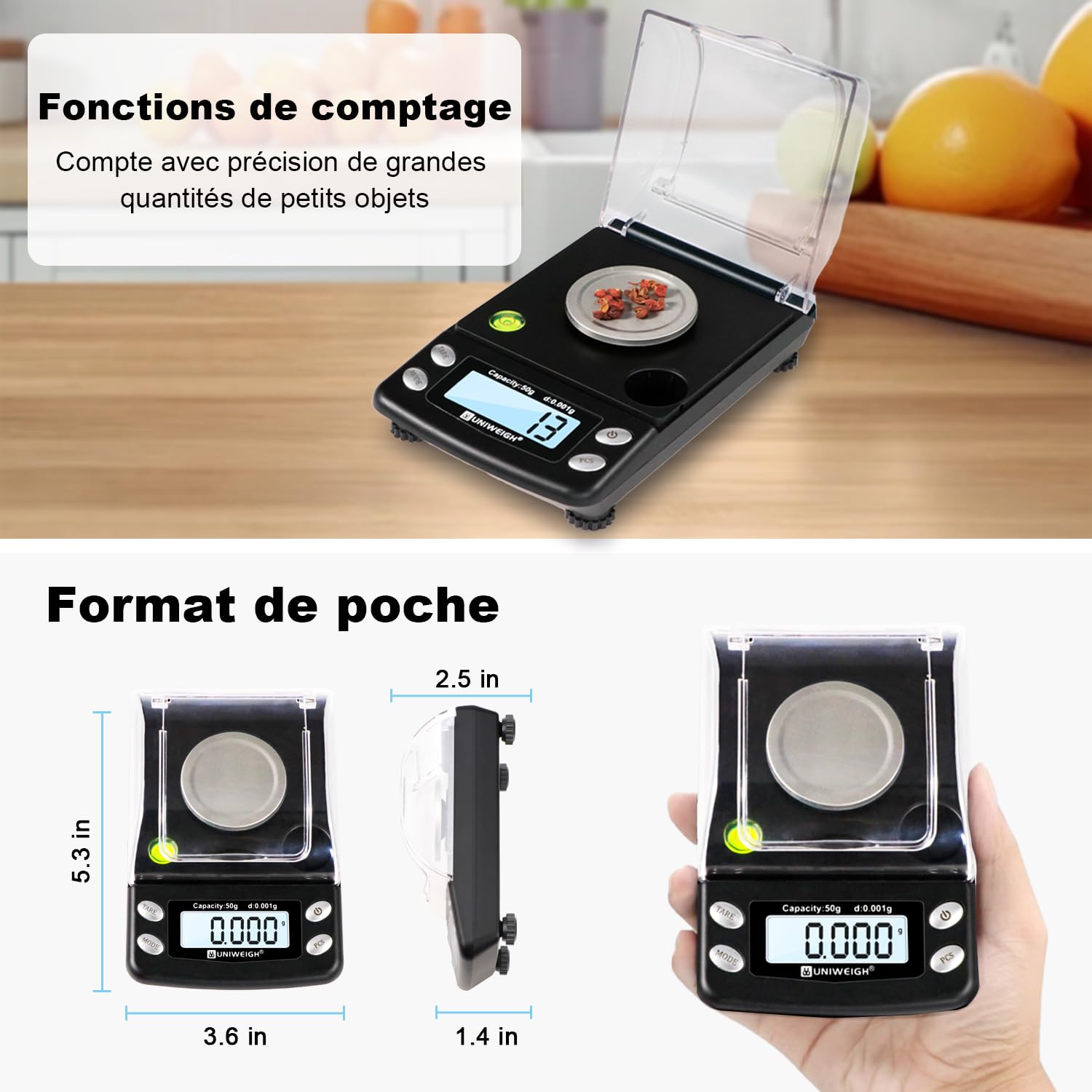 UNIWEIGH Balance Digitale Précise 0.001g/50g en Milligramme - Pour Bijoux, Poudre, Or - Micro Balance Avec 6 Unités, Tare, Poids Calibre - De Poche Avec USB et Batterie | Balance de précision pour bijoux, or, pierres précieuses, rechargement, micro-gramme
