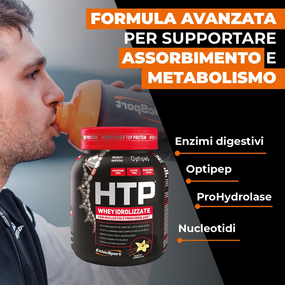 EthicSport HTP – Proteine isolate e idrolizzate Optipep con ProHydrolase e nucleotidi – Supporto alla massa muscolare – 750 g - doping free tested* - Gusto Cookies