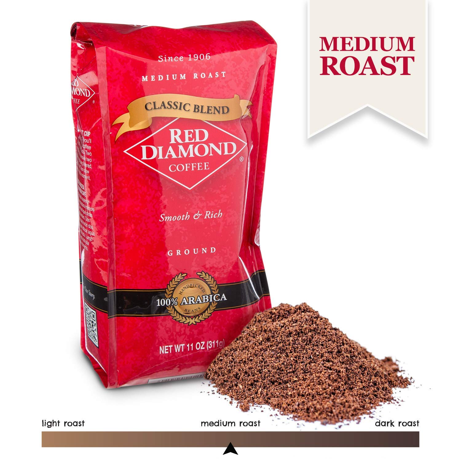 Red Diamond Ground Coffee | Classic Blend | Medium Roast | Arabica Beans | Smooth & Rich Flavor | 11 Ounce Resealable Bags (4 Pack)