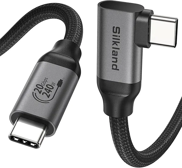 Silkland USB C Monitor Display Cable Right Angle 5FT [5K/4K@60Hz 8K@30Hz], 90 Degree USB C 3.2 Gen 2x2 Video Cable, 20Gbps Data Transfer, 240W Fast PD Compatible for MacBook Pro, iPad, iPhone 16