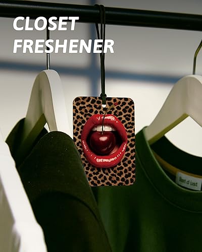 Miniatura 5 de Ambientador de aire retro negro para automóvil, 4 piezas, estampado de leopardo retro con 8 bolas, labios rojos, cerezas, ambientador colgante para