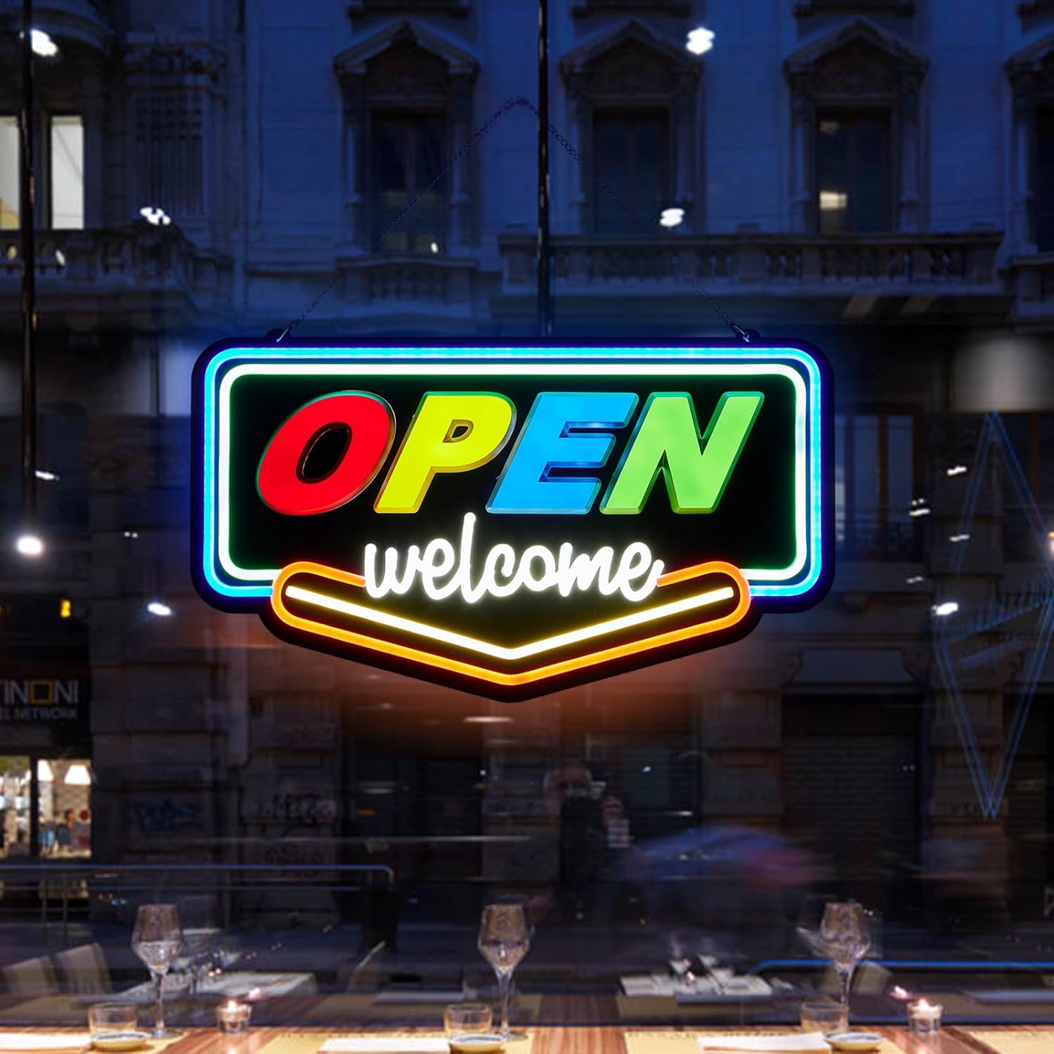 Open Sign for Business LED Neon Light – Ultra Bright Wall Hanging Welcome Sign with Colorful Letters, Plug-In with Power Adapter for Store Window Shop Bar, 20x11 Inch