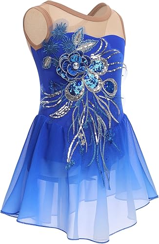 Miniatura 4 de Vestido de patinaje artístico sobre hielo para niñas, lentejuelas brillantes, malla transparente, gasa, ballet, danza, leotardo, trajes de bailarina