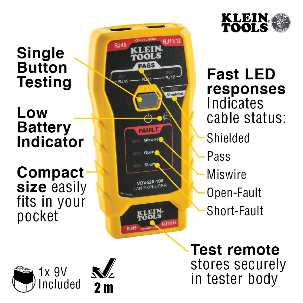 Klein Tools VDV526-100 | Testeur De Cables LAN Explorer Pour Donnees Et Voix Avec Telecommande | Test Continuite Et Defauts RJ11 RJ12 RJ45 | Indicateurs LED | Piles Incluses