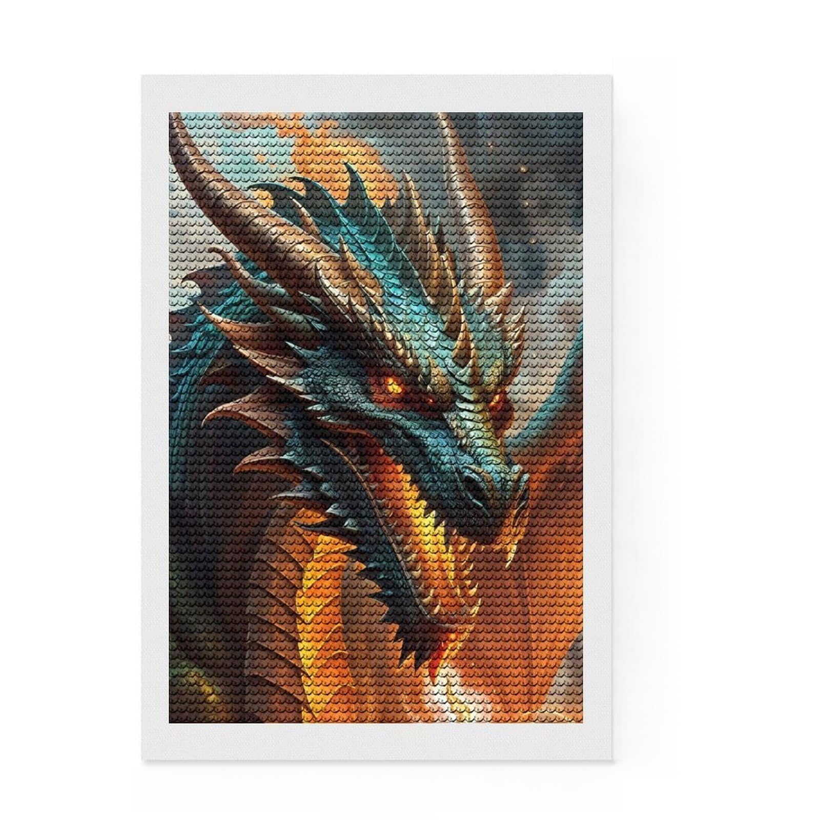 Junmoney Head Dragon Fire Crystal Diamond Art Kit 8"x12", Easy to Enjoy, Cute Room Decor, with Tool Kit, Artistic Hobby, Vintage Style Decor