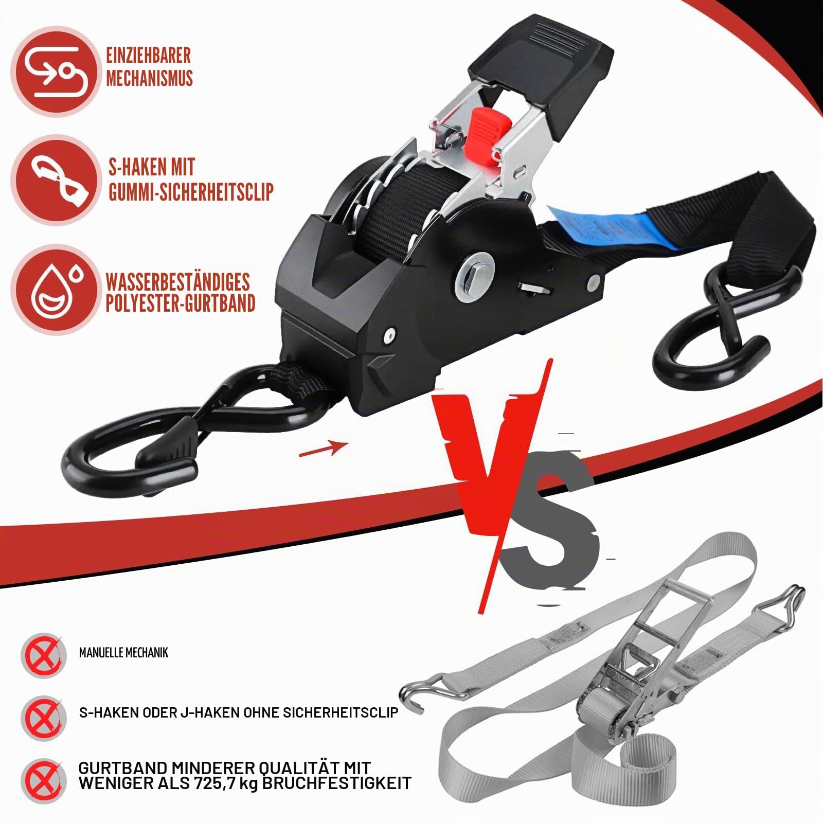 Automatik Spanngurt, 3 m x 25mm, 300 daN | 748 kg Bruchlast, 8 Stück | Selbstaufrollende Spanngurte, Ratschengurt mit S Haken, Zurrgurt für Anhänger, Motorrad, Fahrrad Mehr, Schwarz