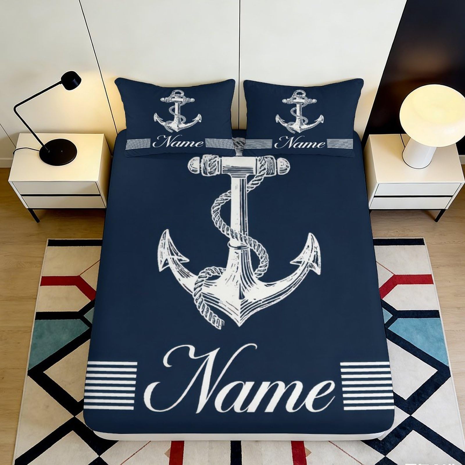 3D Printed Nautical Anchor Fitted Sheet Microfiber Soft Durable Striped Bed Sheet for Bedroom Dormitory Guest Room Mattress Protection Decoration 120x200x25cm