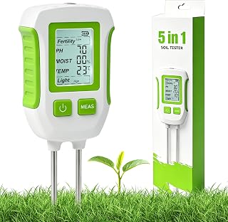 PATEMZON Medidor de Suelo, Medidor de pH Tierra 5 en 1, Medidor Humedad Plantas Suelo para Fertilidad/PH/Humedad/Temperatura/Luz con Pantalla LCD Retroiluminada para Jardinería Agricultura