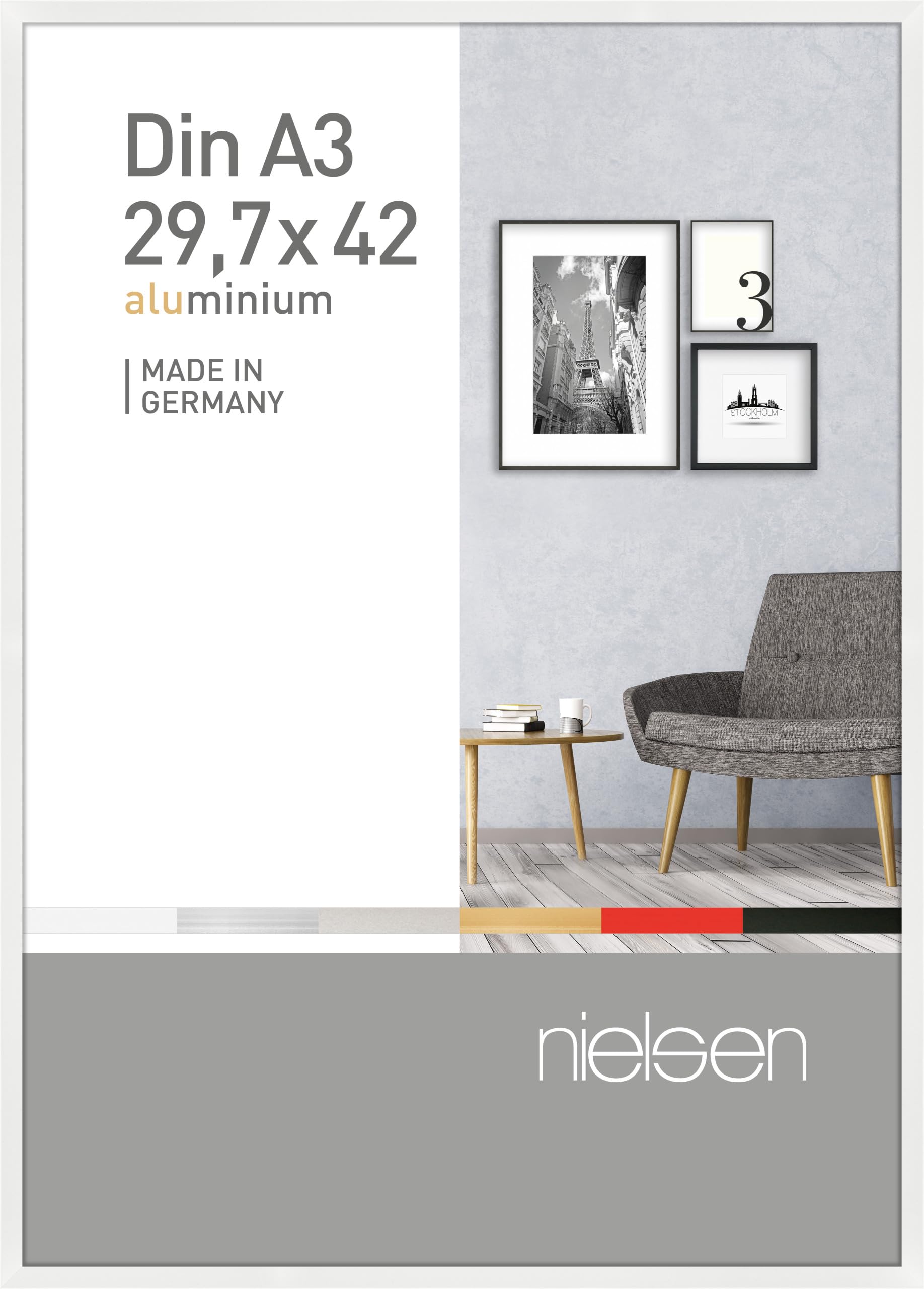 Nielsen Glossy White Pixel Aluminium Picture Frame - A3, 29.7X42cm - With Float Glass And Easy Push-Turn Clips