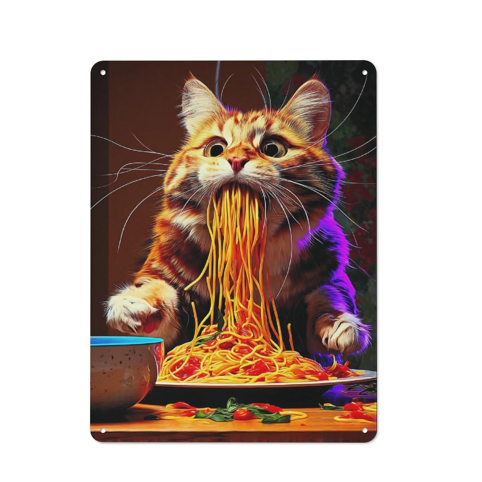 Junmoney Cat Eating Spaghetti Rustic Metal Plaque 40X30cm For Studio Or Craft Room, Housewarming Present For People Styling Studio And Craft Room