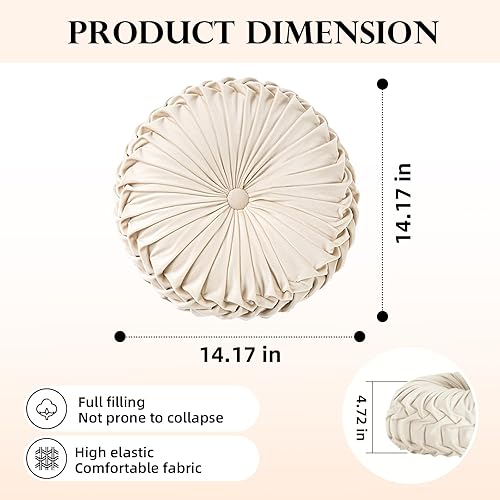Miniatura 6 de Elero - Almohada redonda de terciopelo para decoración del hogar, cojín redondo plisado para sofá, silla, cama, coche
