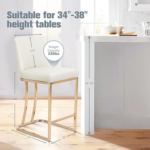 Miniatura 2 de Juego de 2 taburetes de bar de altura de mostrador de color blanco cremoso de 24 pulgadas, modernos taburetes de bar dorados con respaldo tapizado