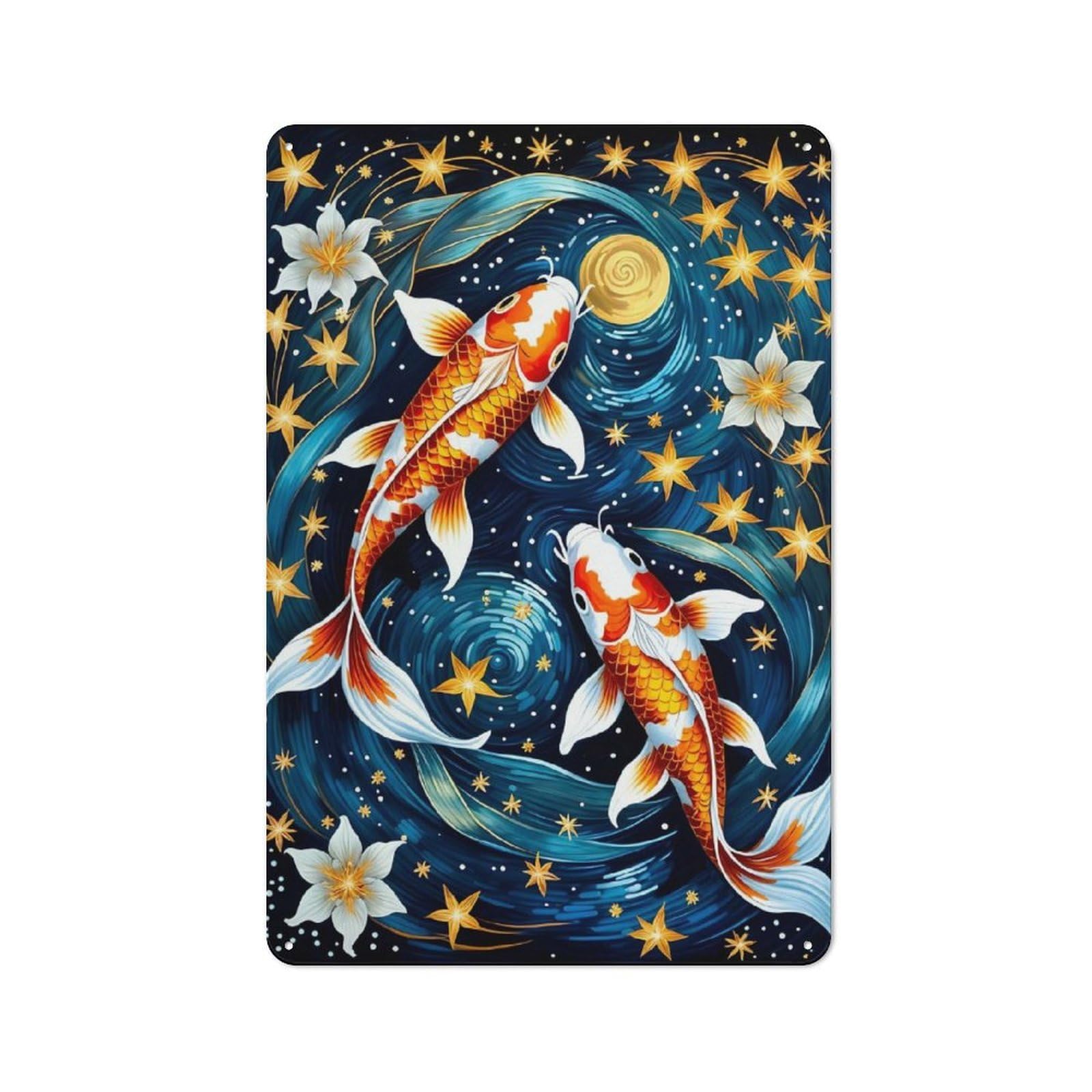 Junmoney Koi Fish Starry Night Metal Wall Sign 30X20cm Featuring For Home Bar Wall, Housewarming Present For People Styling Home Bar