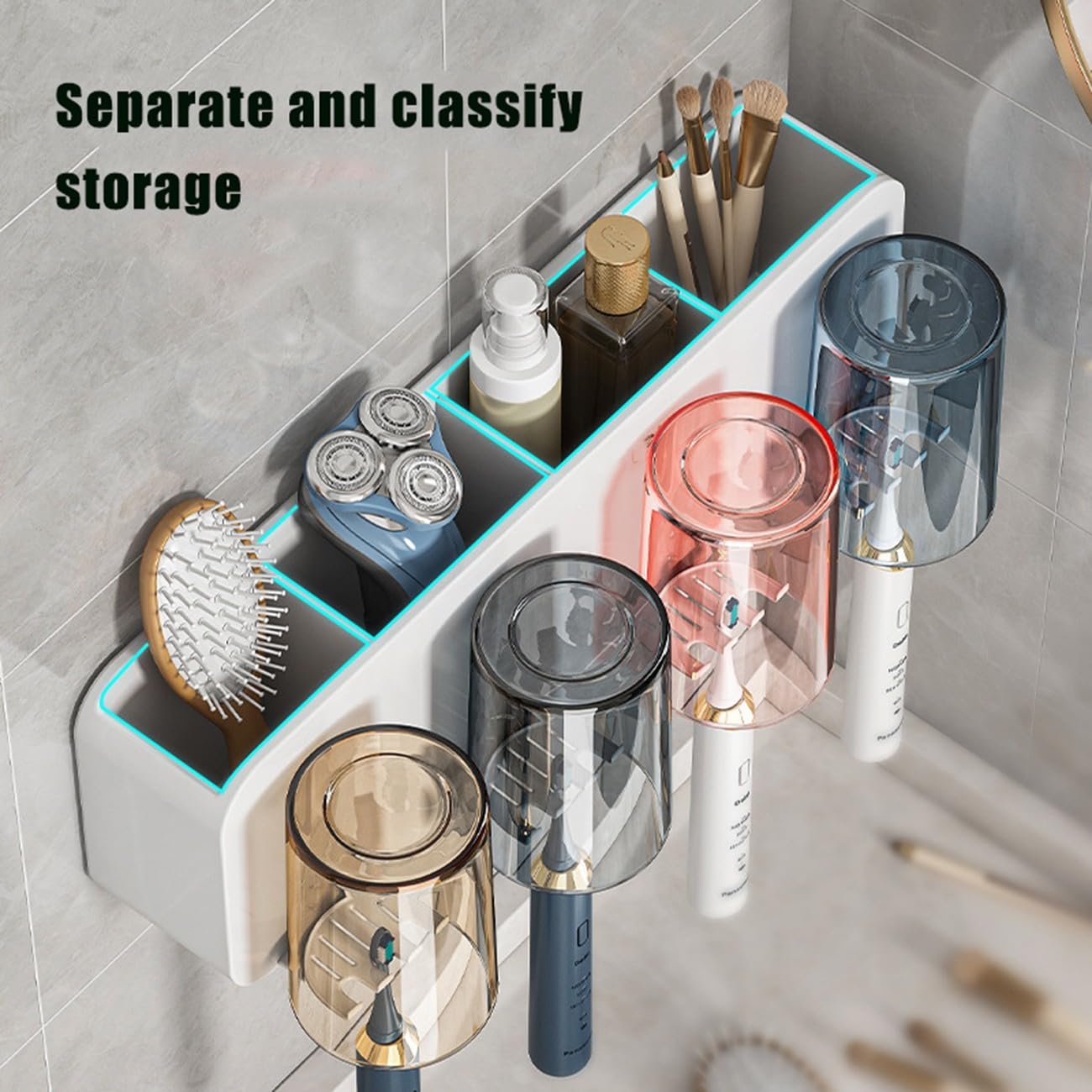 Porta Spazzolino da Muro,Porta Spazzolini Bagno in Plastica, Portaspazzolino Elettrico,con Fessure per Spazzolino,Tazze E Scatola Portaoggetti Cosmetica,Salvaspazio E Estetica,4 Cups