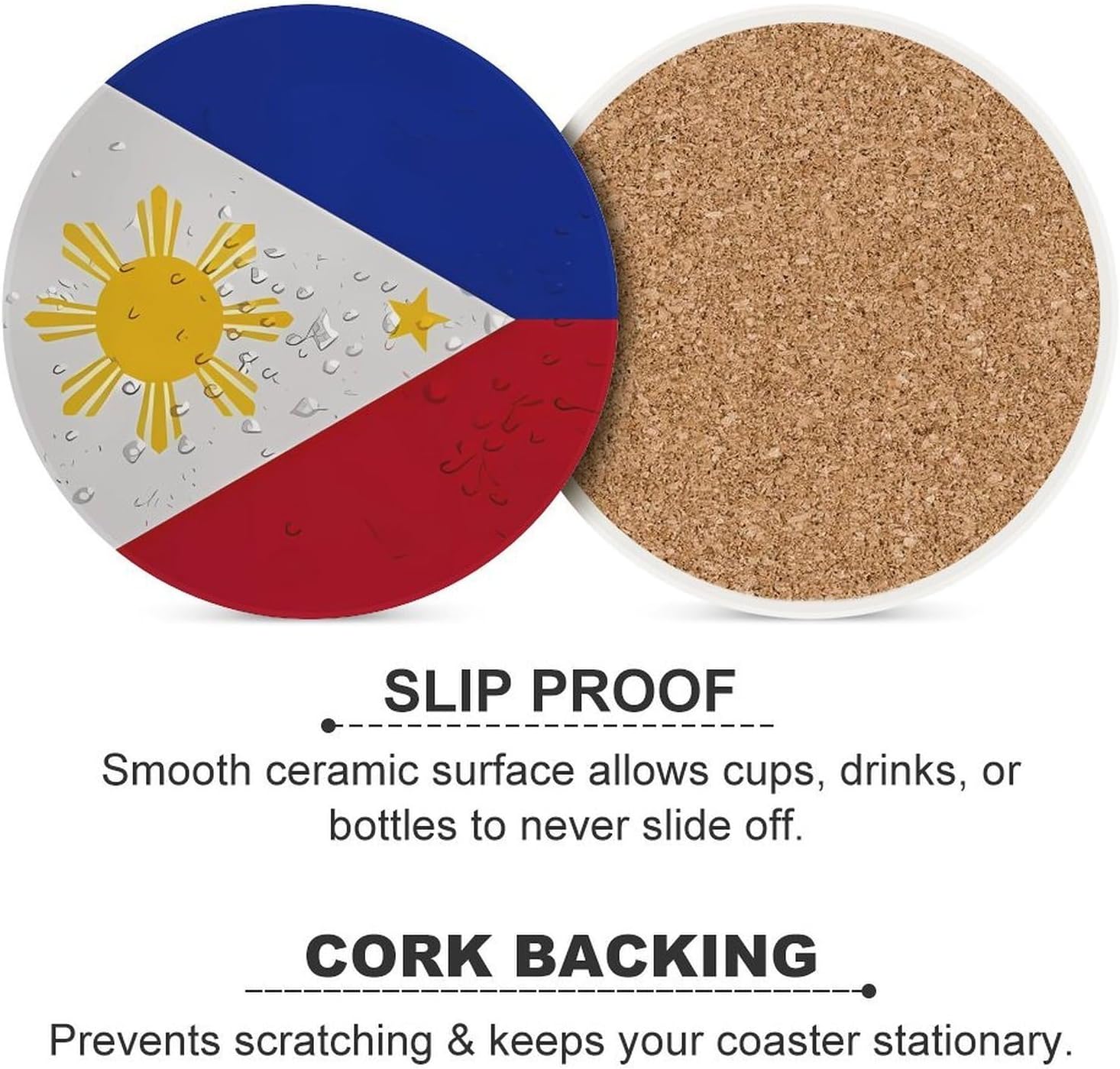Philippines Flag with Water Drop Round Ceramic Coasters for Drinks Absorbent Cup Holder Tabletop Protector with Cork Base