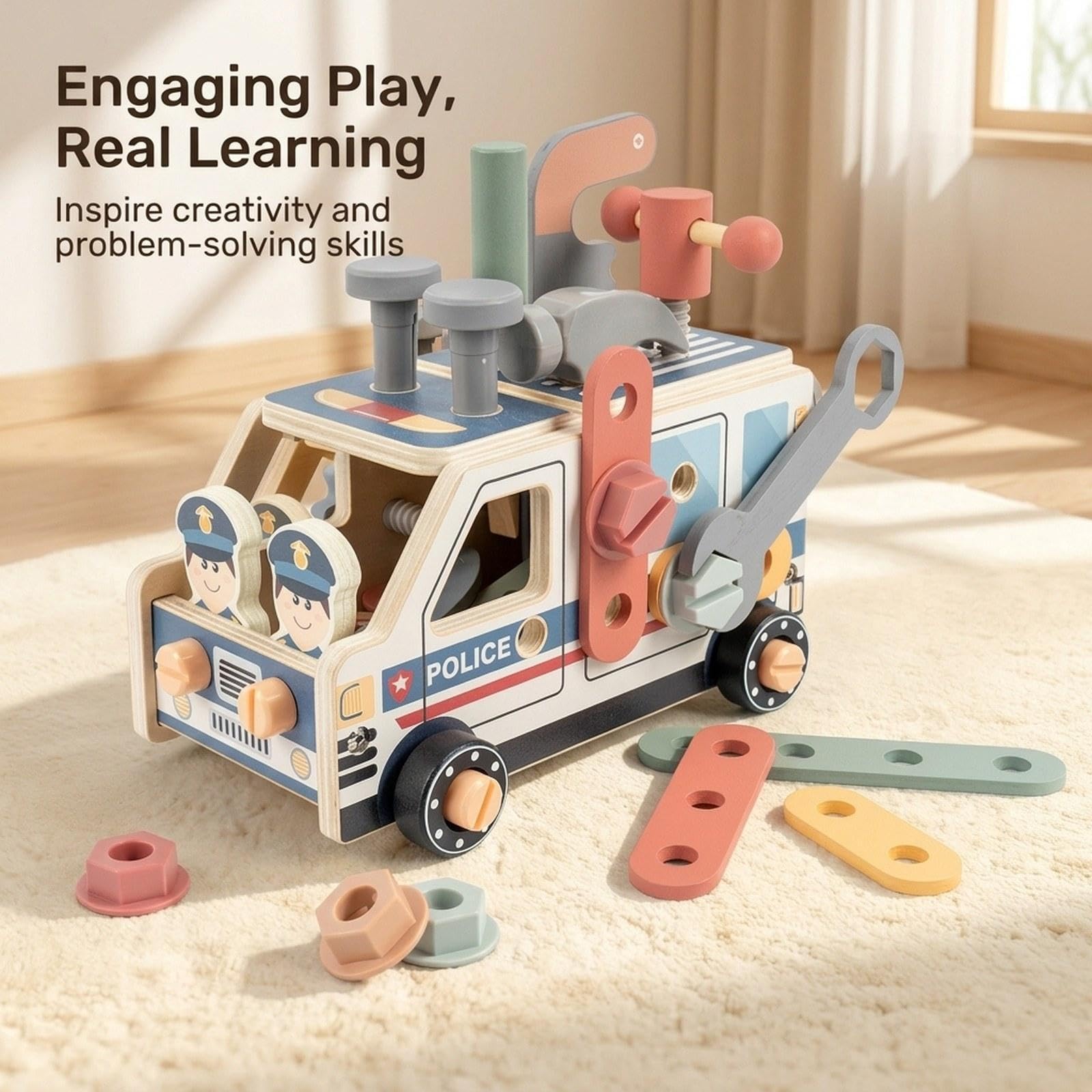 Werkzeugset für Kinder, Konstruktionsspielzeug, Geschenkset, Rollenspiel LKW, Lernwerkzeugset Aus Holz für Kinder, Polizeiwagen
