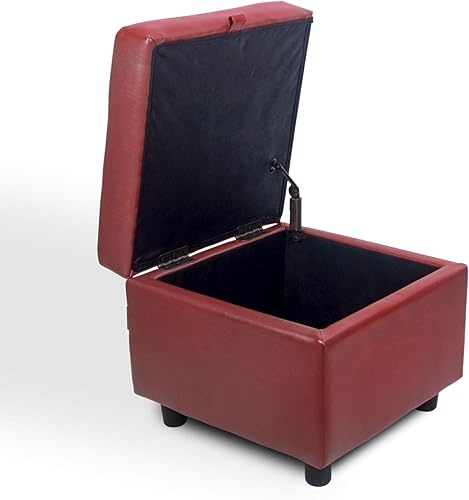 Miniatura 8 de H&B Luxuries Reposapiés cuadrado de cuero capitoné otomano con tapa abatible (rojo con almacenamiento)