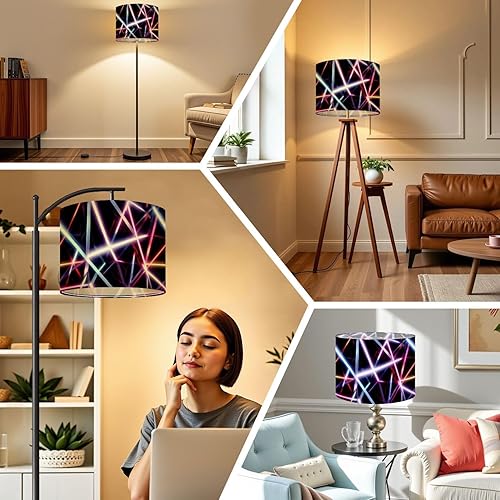 Miniatura 8 de Drum Lamp Shades Geometric intersecting glowing neon light tubes vibrant colors black Lampshade for Floor Lamps Table Lamp Pendant Light Linen