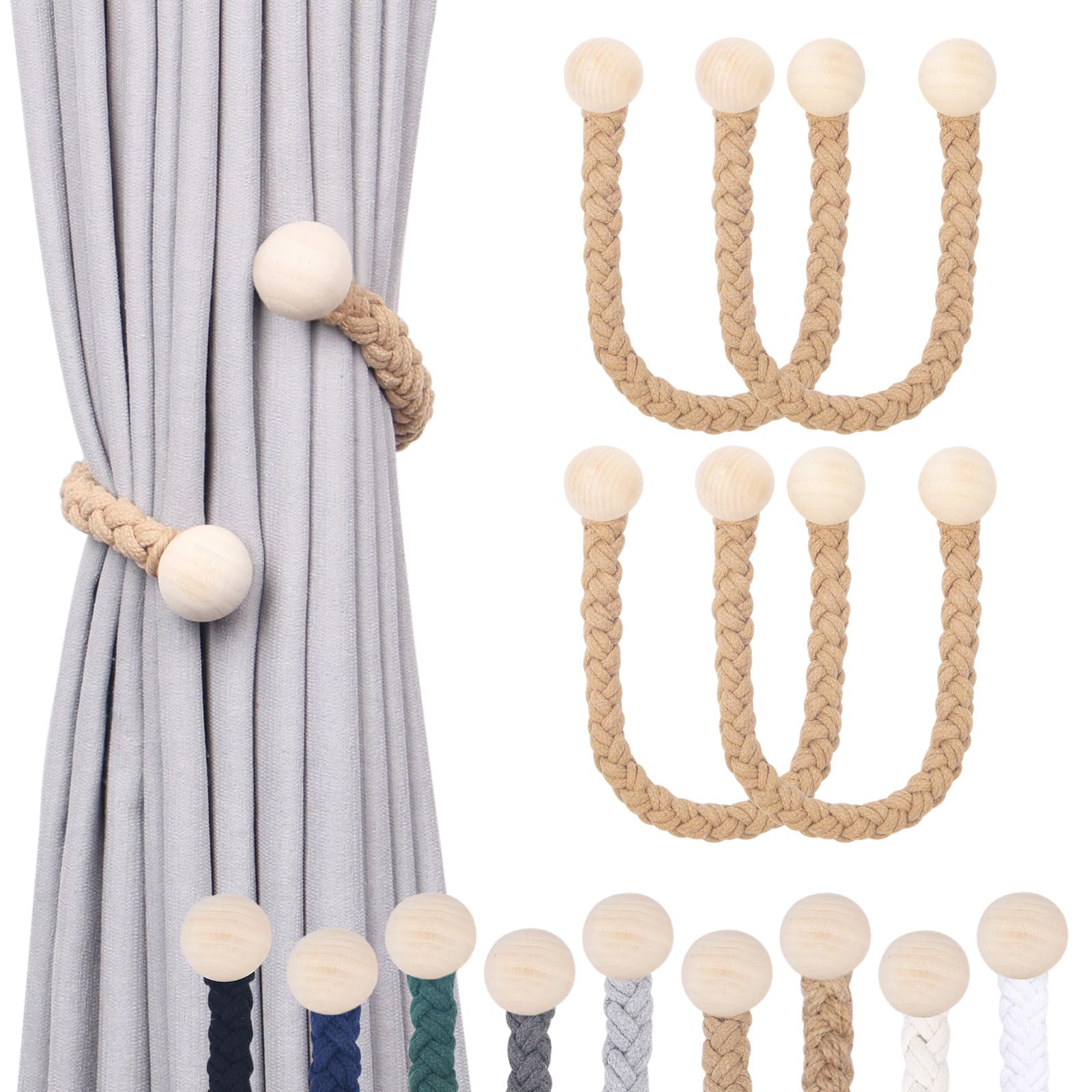 Pretty Jolly 4 Pack Wooden Ball Decor Curtain Tiebacks Farmhouse Rustic Style Drape Tie Backs Natural Cotton Hand Woven Rope Curtain Holdbacks for Home & Office Sheer/Light Weight Drapery (Dark Beige)