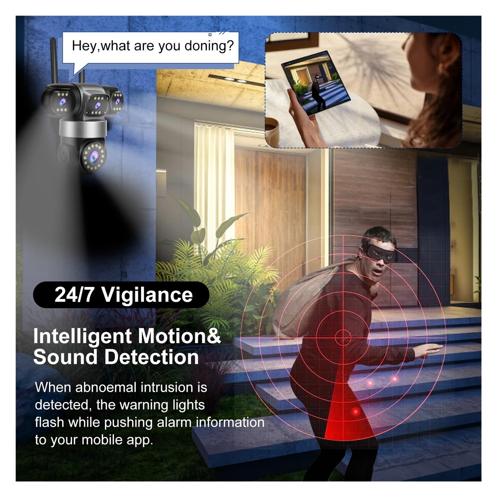 Telecamera di sicurezza esterna WiFi PTZ da 20 MP con 4 obiettivi | Telecamera CCTV con zoom 16X con impermeabilità IP66, audio bidirezionale e tracciamento automatico(UK Plug,Camera)