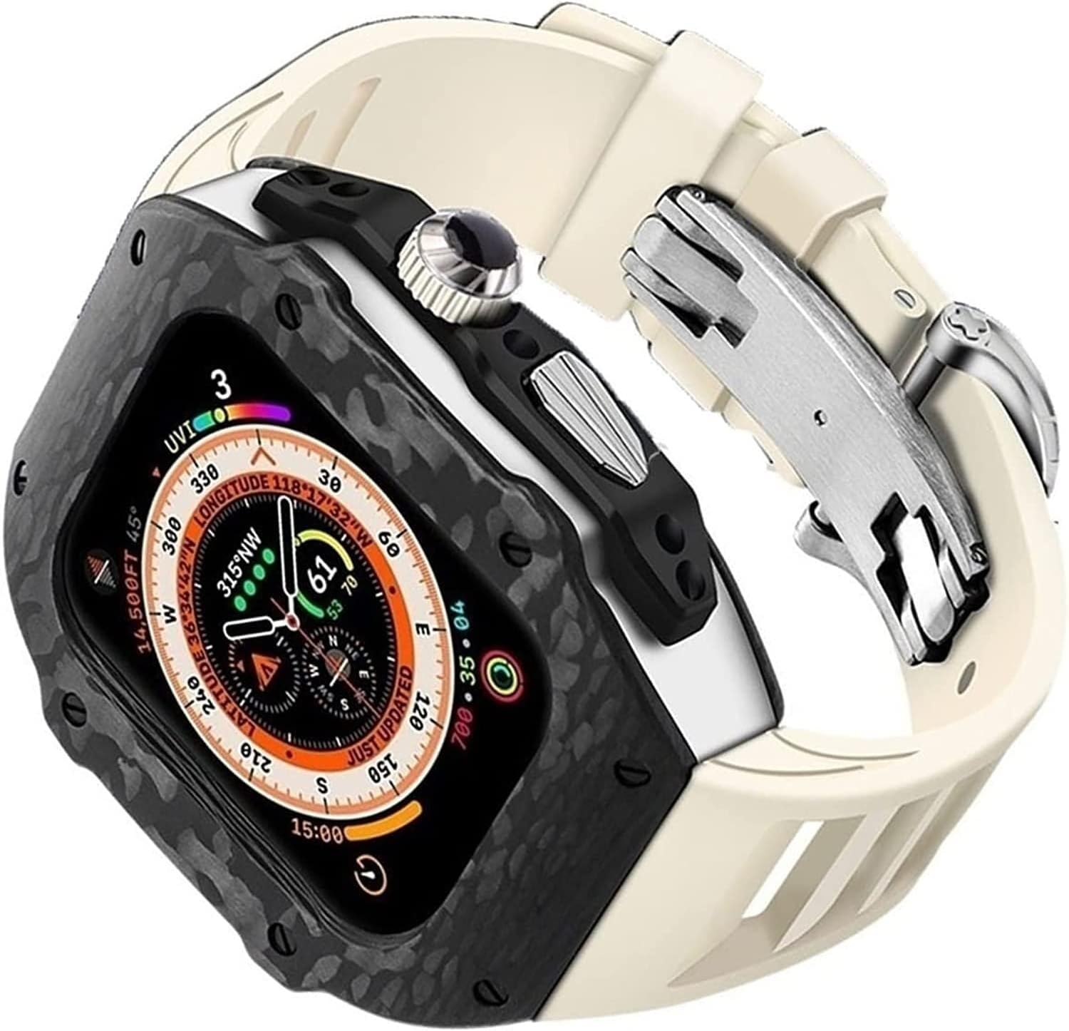 Carbon Fiber Titanium Alloy Case Rubber Strap And Clasp，For Apple Watch Ultra 49mm 45mm 44mm，Watch Band Mod Kit，Stainless Steel Watch Cover Watch Band Buckle Replacement Accessories