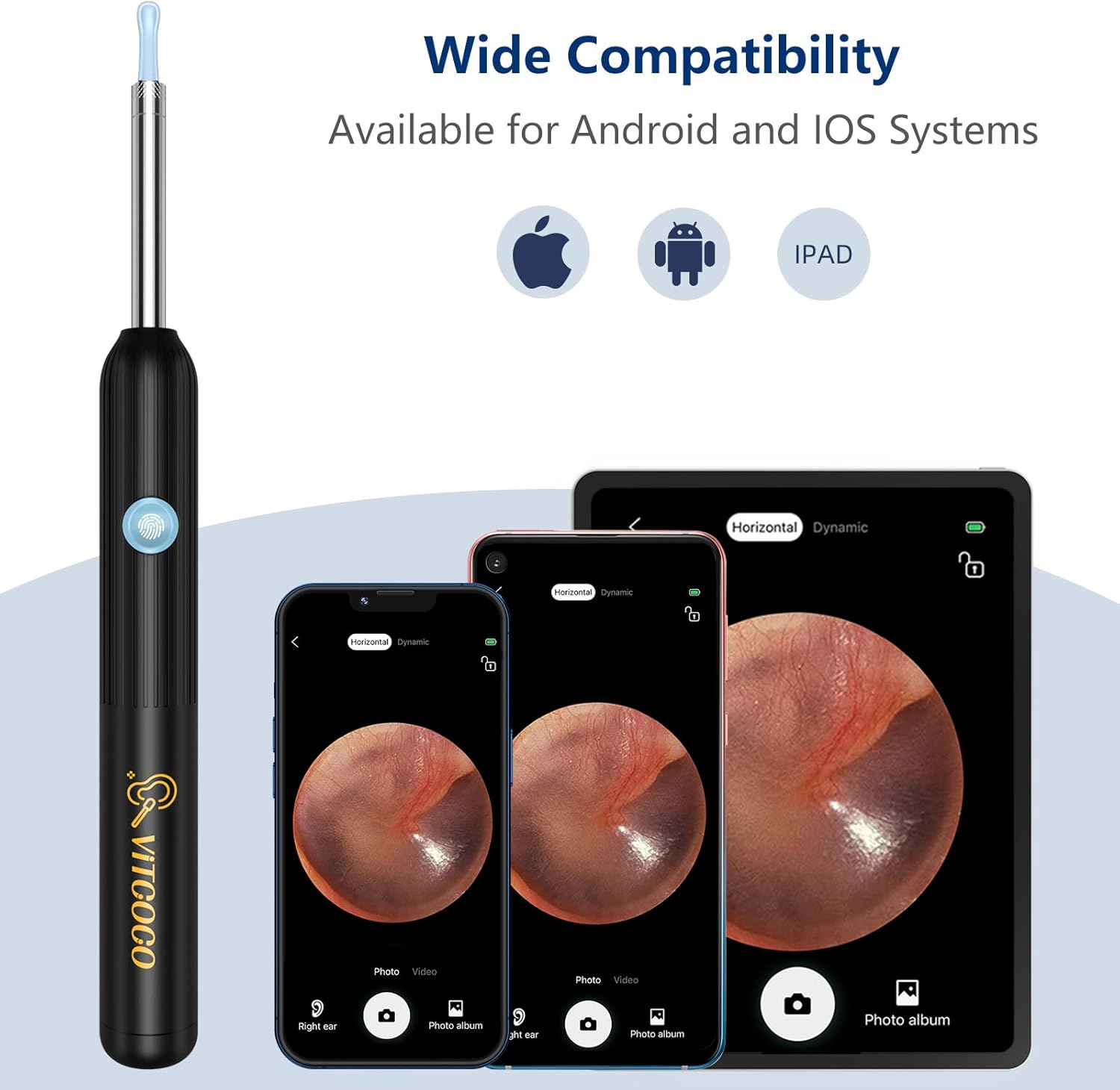 Contents of the VITCOCO Otoscope package: the otoscope, five silicone ear tips, and a USB-C charging cable