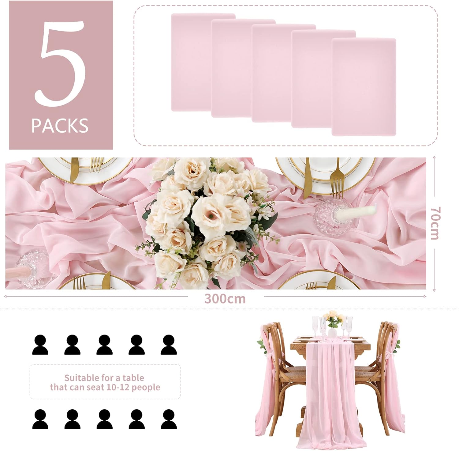 Chiffon Table Runner 5 Pieces 27x120 Inches Dusty Rose Long Sheer Table Lines Wedding Rustic Party Bridal Shower Table Decorations