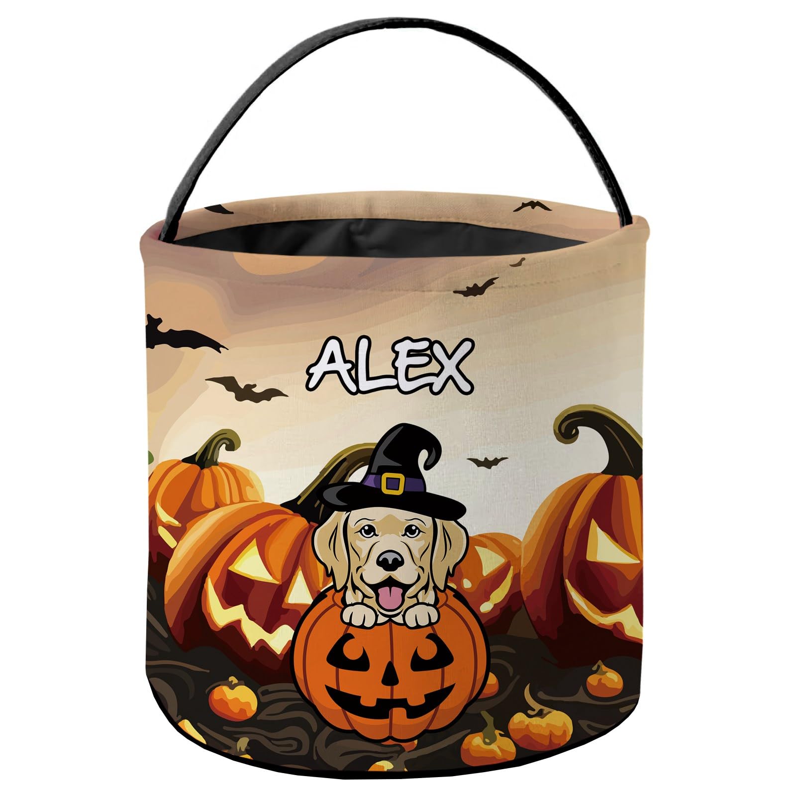 KafePross Personalized Halloween Trick or Treat Bag Smiling Gold Golden Retriever Dog Halloween Ghost Pumpkin Decor Basket Candy Gifts Bucket for Kids 9 x 9.8 Inch