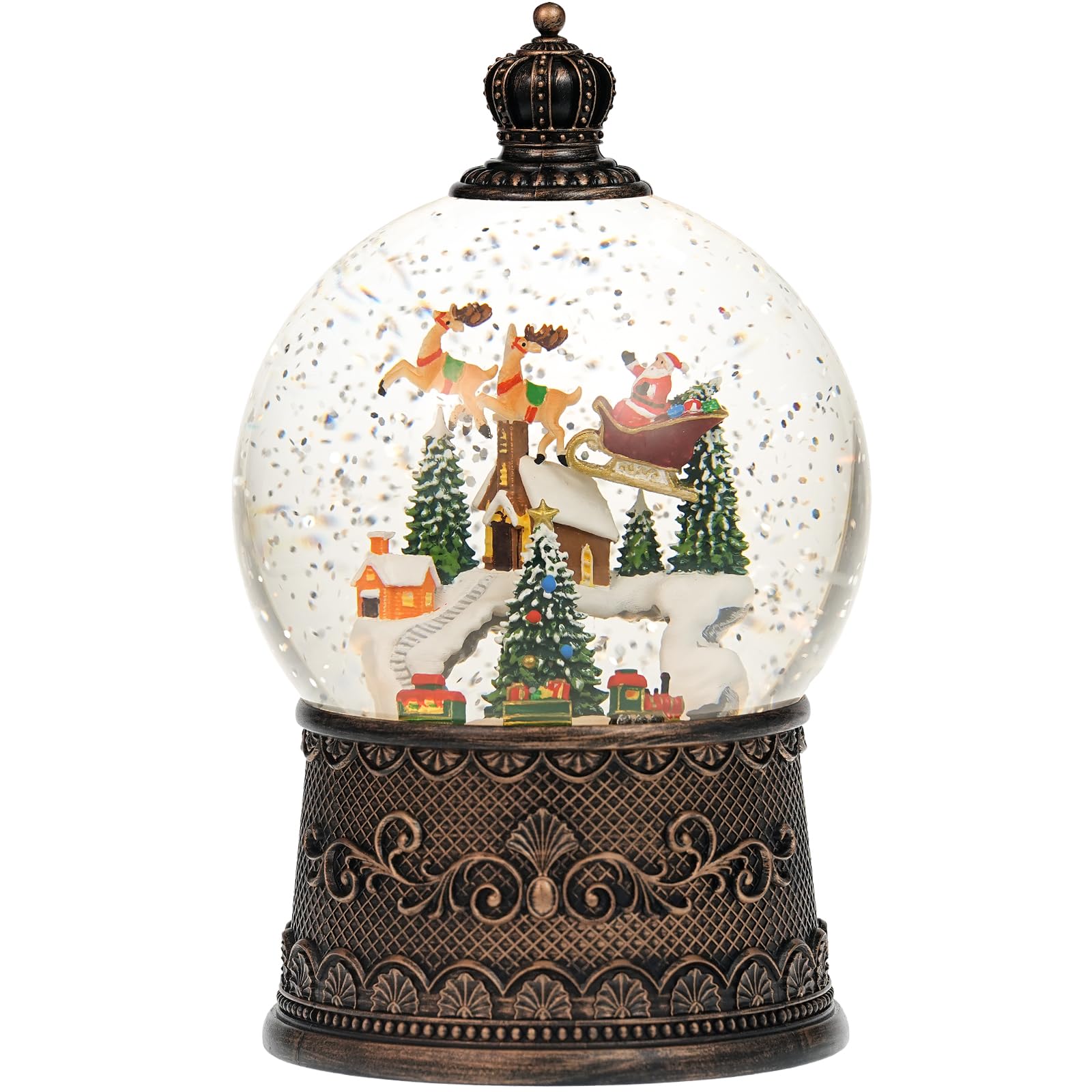 Boule à neige de Noël avec élan, boules à neige lumineuses avec minuterie, lanterne musicale scintillante pour décoration (élan du train de neige)