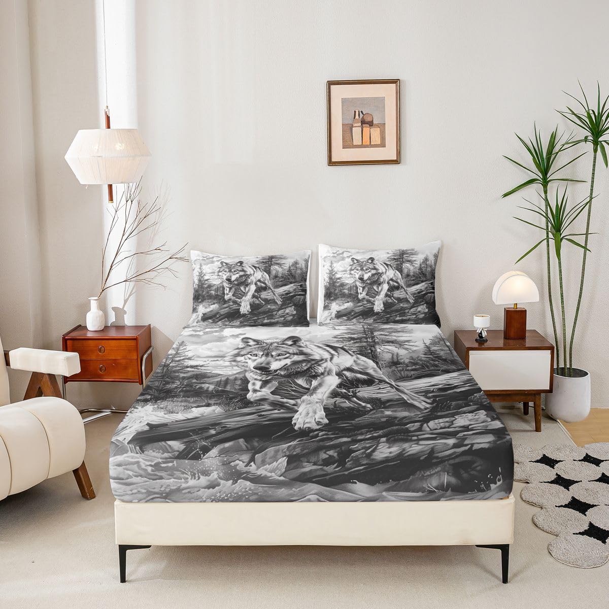 Manfei Juego de sábanas bajeras retro de lobo tamaño King, 3 piezas, diseño de animales salvajes de la selva, sábanas de caza y granja con 2 fundas de almohada, decoración de habitación de niños y