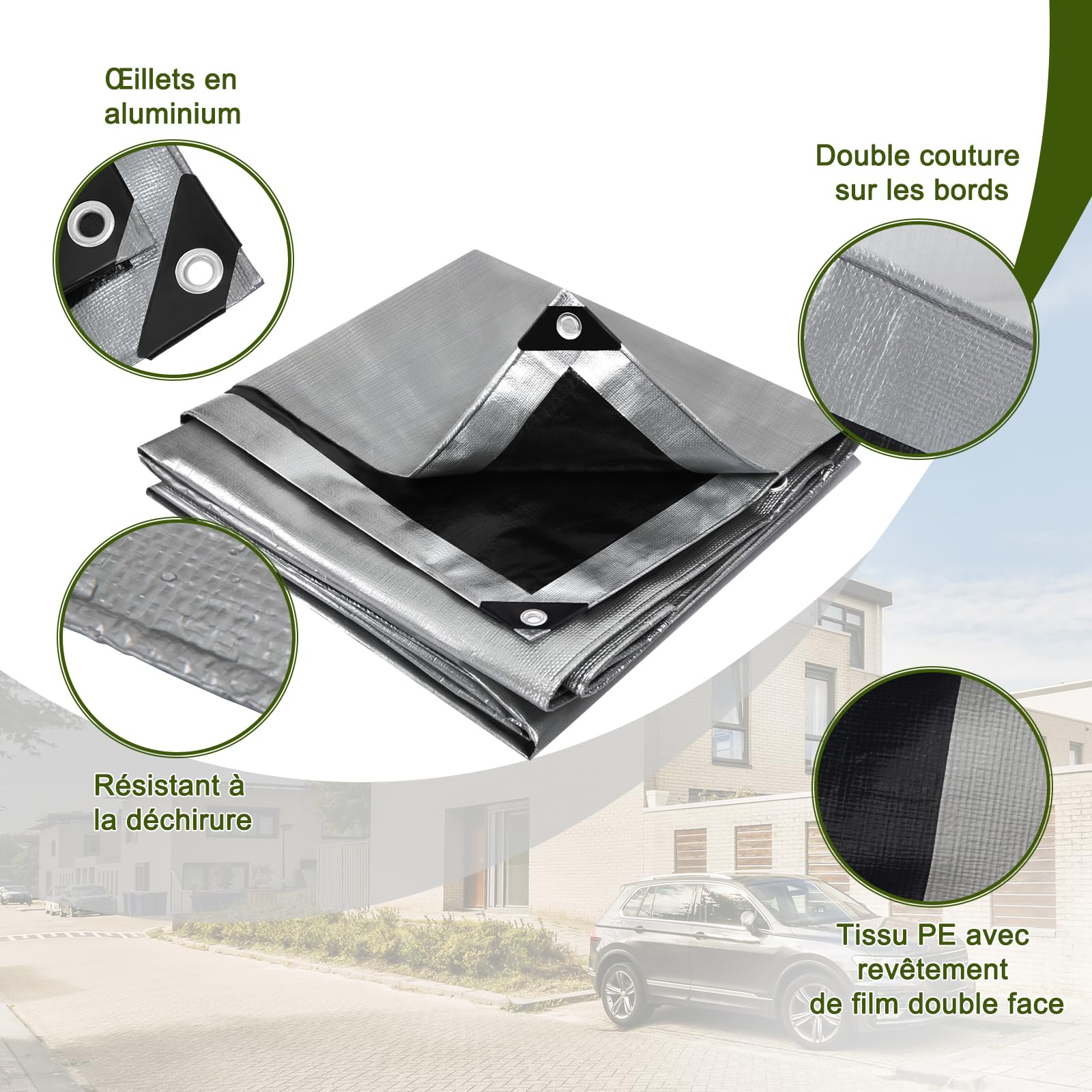 Laneetal Bâche de Protection en Polyéthylène 2x3m 280g/m²² PE Bâche Imperméable Ultra Lourde et Résistante Revêtue des Deux côtés avec Oeillets en Aluminium Couverture Étanche pour Jardin，Grau-schwarz