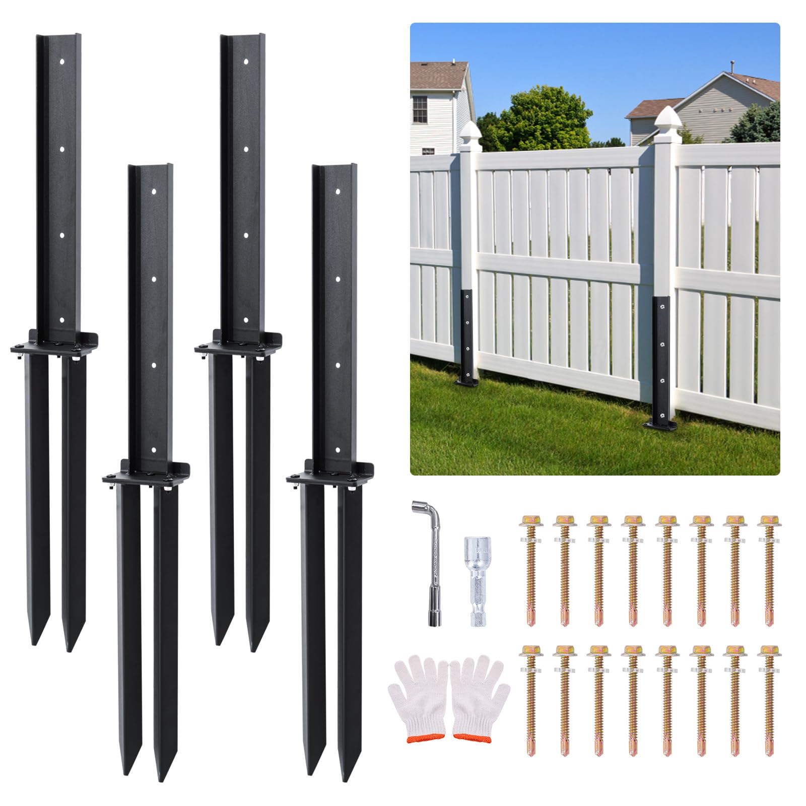 Estacas de reparación de postes de valla de acero resistente, estacas de anclaje para postes de madera, postes inclinados/rotos (paquete de 4/negro)