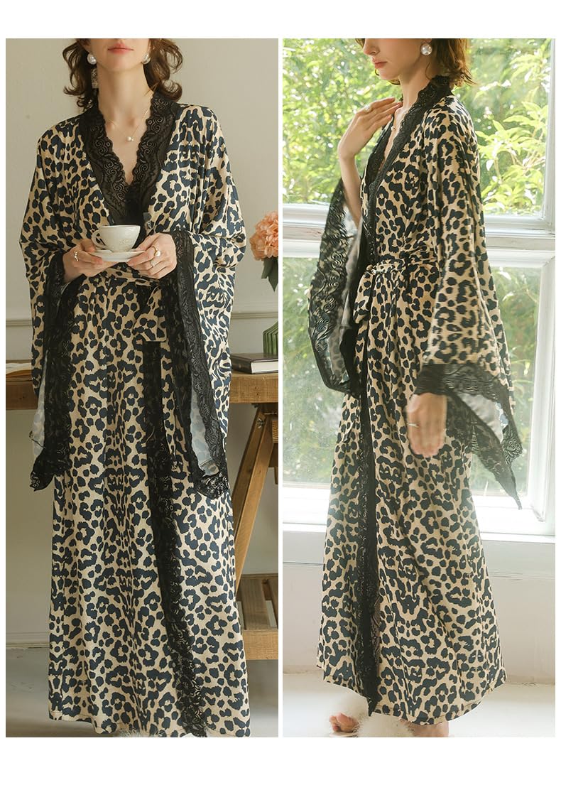 Peignoir Robe Robe Longue en Satin À Imprimé Léopard Et Bordure en Dentelle pour Femme Coupe Ajustée Vêtement D'Intérieur
