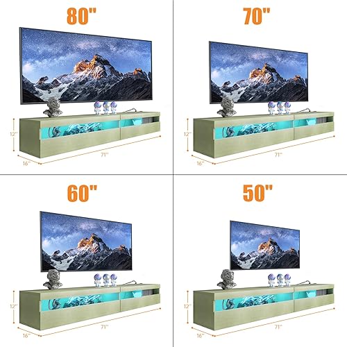 Miniatura 5 de ANTISTA Soporte de TV flotante con luces LED y tomas de corriente, centro de entretenimiento montado en la pared de 70 pulgadas con gabinete de