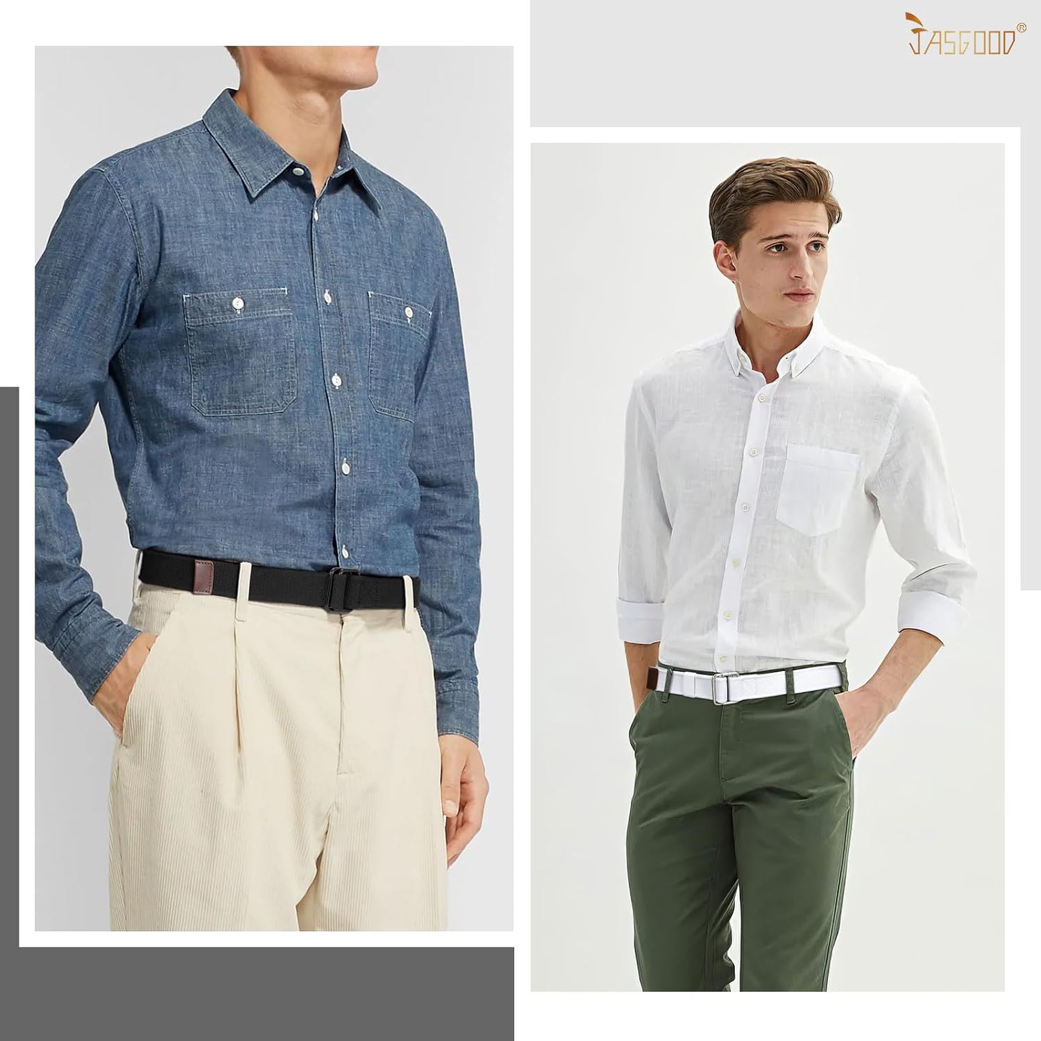 JASGOOD Men Canvas Fabric Belts Casual Web Cloth Belts with Black Double Ring Buckle 2 Pack - Image 4