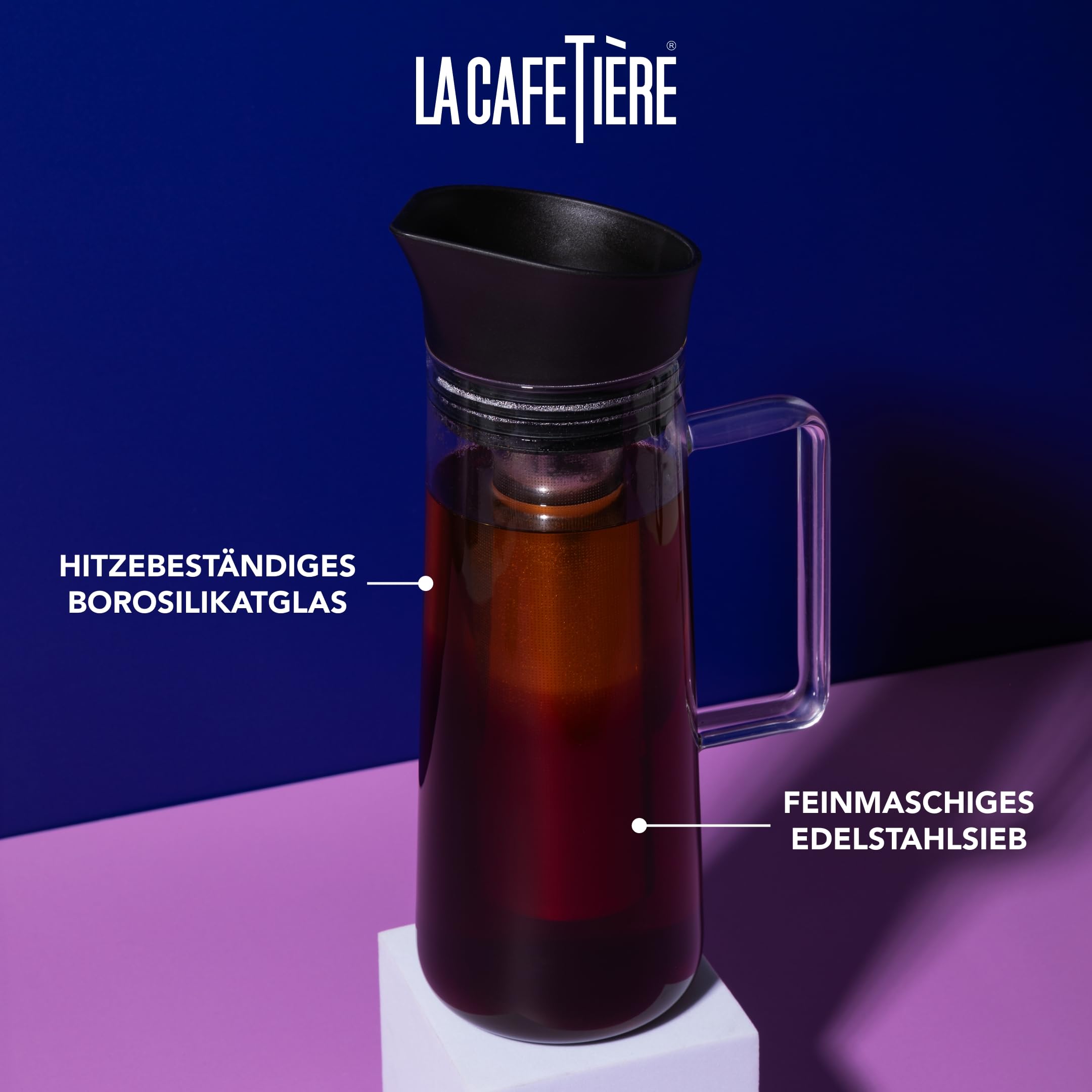 La Cafetière Kaffeebereiter zum Kaltbrühen, mit Netzfilter, spülmaschinenfest, Krugdeckel mit Ausgießer, Getränkebehälter für hochwertigen Eiskaffee, Eistee, hausgemachte Fruchtgetränke, 1 l
