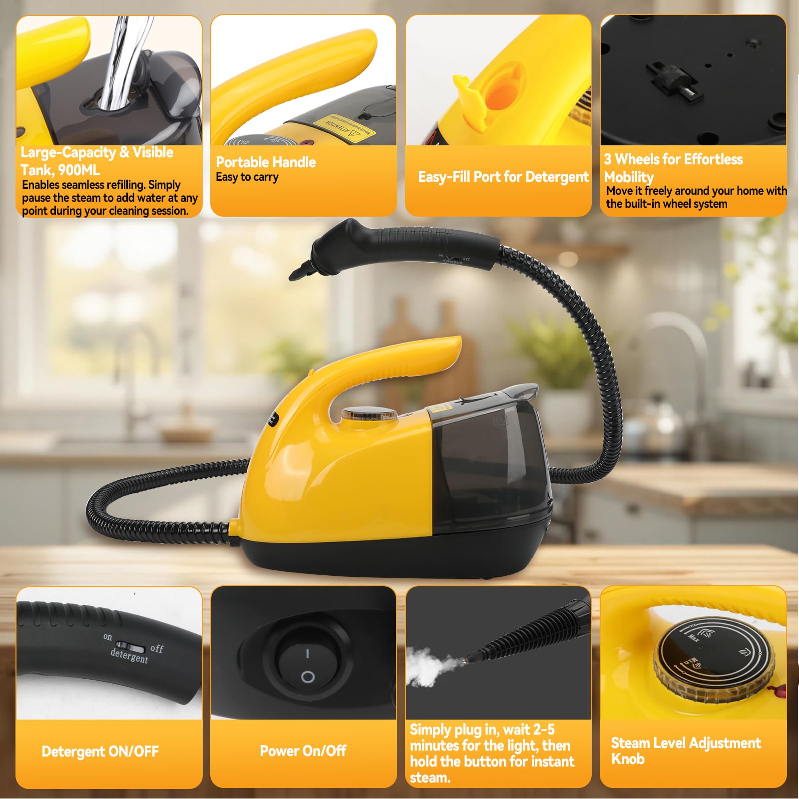 Nettoyeur vapeur manuel 1800 W, câble d'alimentation de 1,5 m, haute température 329 °F/165 °C, 3 niveaux de nettoyage, pour voiture, fenêtre, cuisine, sol, meubles