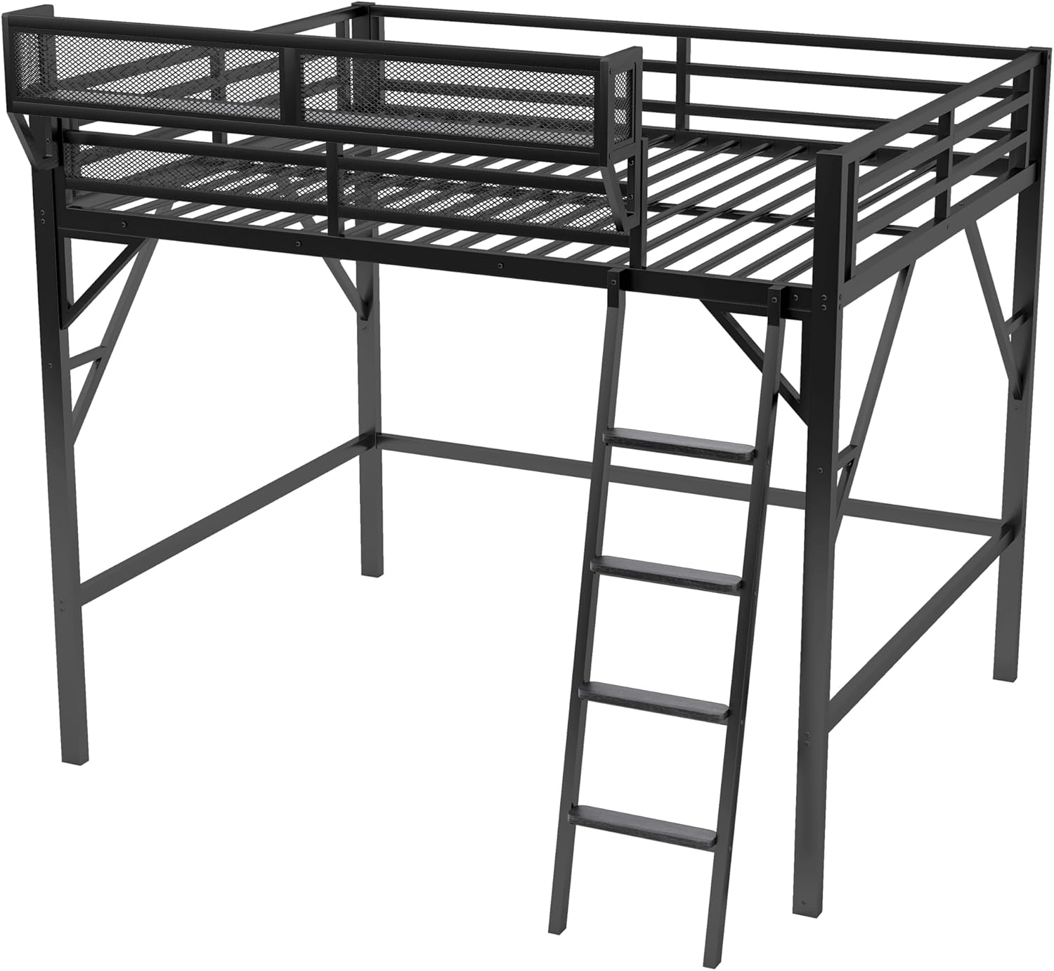 Queen Size Loft Bed with Storage Shelf & Wide Ladder, Metal Adults Loft Bed Frame with Large Under-Bed Space, Heavy-Duty Tall Lofts Beds for Adults Teens and Kids, Black
