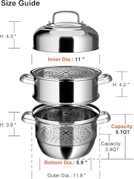 VENTION 3 Tier Steamer Pot Stainless Steel 11.9 Inch, Large Induction Steamer for Cooking Tamales 9.7 Qt, 30cm Steam Pot for Dumplings and Vegetables
