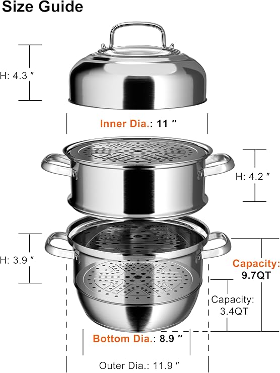 VENTION 3 Tier Steamer Pot Stainless Steel 11.9 Inch, Large Induction Steamer for Cooking Tamales 9.7 Qt, 30cm Steam Pot for Dumplings and Vegetables