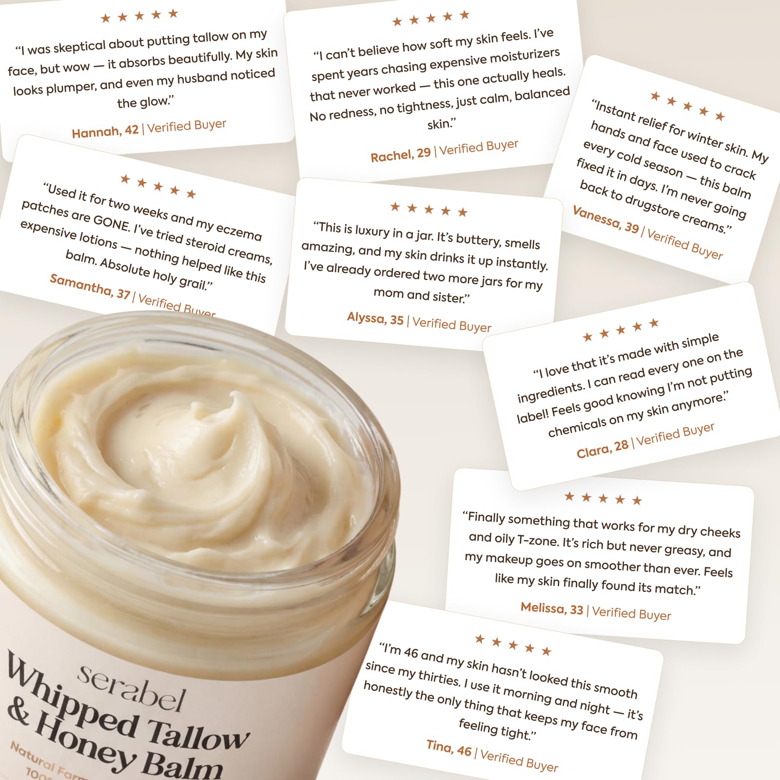 Serabel Tallow and Honey Balm for Face and Skin, Unscented Moisturizer