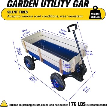 All-Terrain Wagon with Removable Wooden Side Panels | - Garden & Pet Folding Wagon with Steel Bed & Pneumatic Tires - Blue