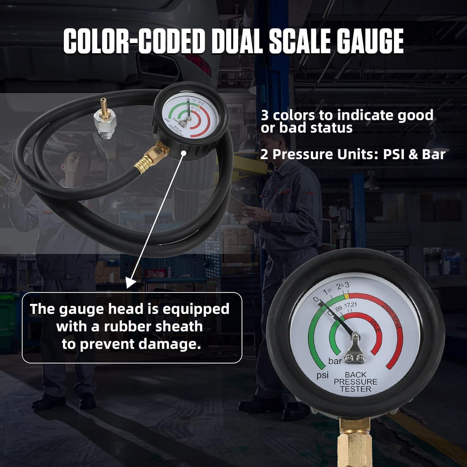 Exhaust Back Pressure Tester Exhaust Back Pressure Gauge with 6FT Hose 2.5" Gauge & Rubber Protector Two Multi-Colored Bands Catalytic Converter Test Kit with Adapter (M12&M18)