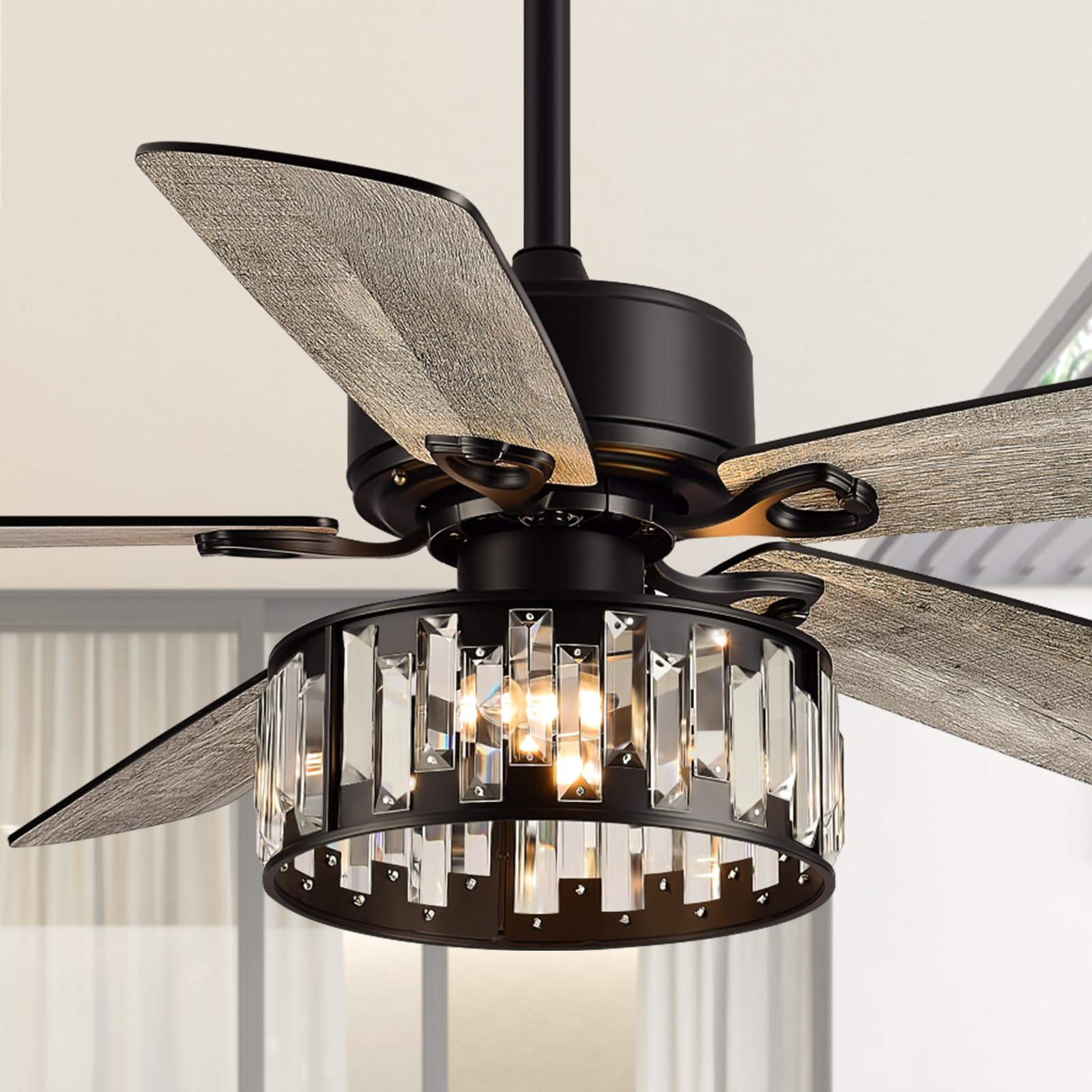 Breezary 52 Inch Farmhouse Ceiling Fan with Light and Remote, Quiet Reversible AC Motor, 5 Blades, Industrial Modern Downrod Mount Black Ceiling Fan with Crystal Light Fixture for Bedroom