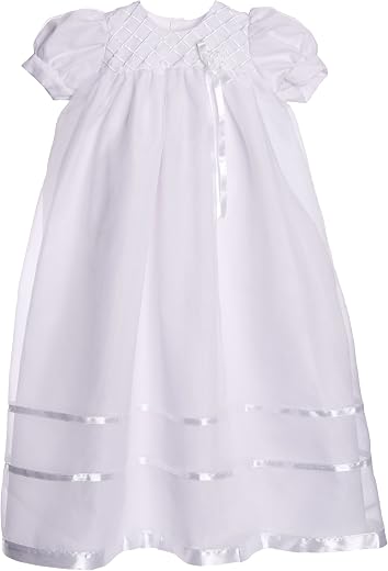 Long White Embroidered Organza Christening Baptism Gown with Bonnet - L (9-12 Month)