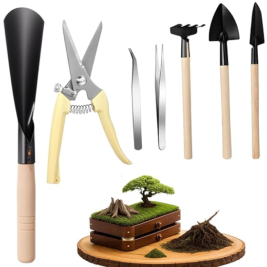 Frienda 7 Pcs Bonsai Tree Kit Garden Bonsai Tools Set Includes Pruning Shears, Mini Rake, Flat Tip Shovel, Pointed Shovel, Spade and Tweezers Gardening Accessories Gift for Beginner Women Men
