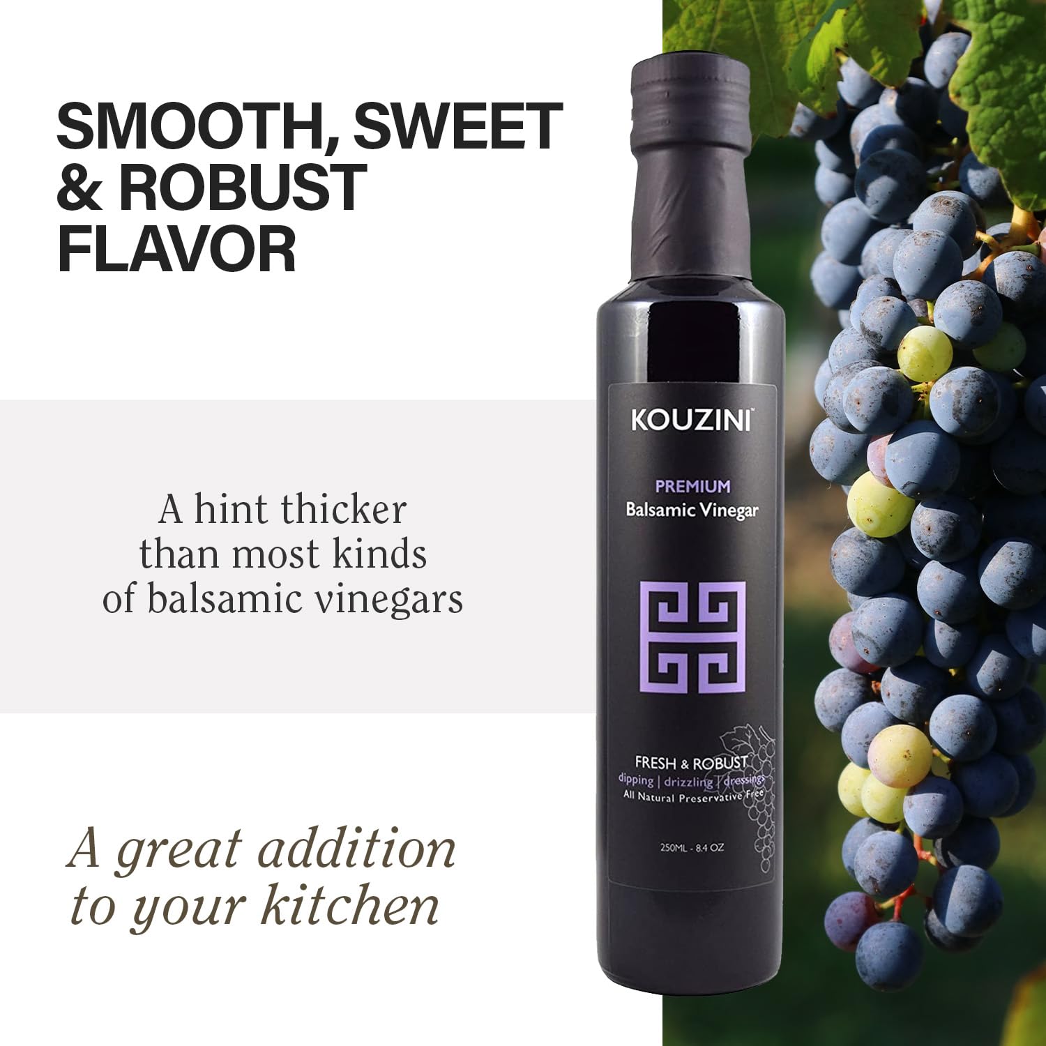 Kouzini Ultra Premium Balsamic Vinegar, Aged Balsamic Vinegars from Modena, Italy, Premium, Smooth & Full-Bodied Flavor, 250ml Bottle